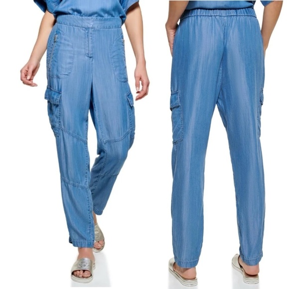 DKNY Cargo Jogger Pants In Indigo Size 10 Lightweight Lyocell Boho 90s Highrise - Picture 1 of 15